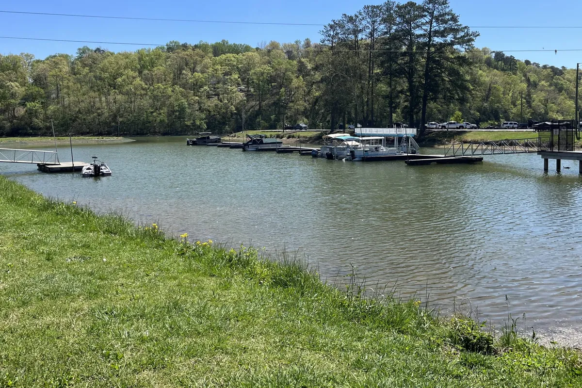 A tranquil lakeside view featuring calm water, boats docked by a pier, and rolling green hills in the background. The setting evokes relaxation and the social aspects of lakeside recreation, suggesting easy access to the water and memorable outings.